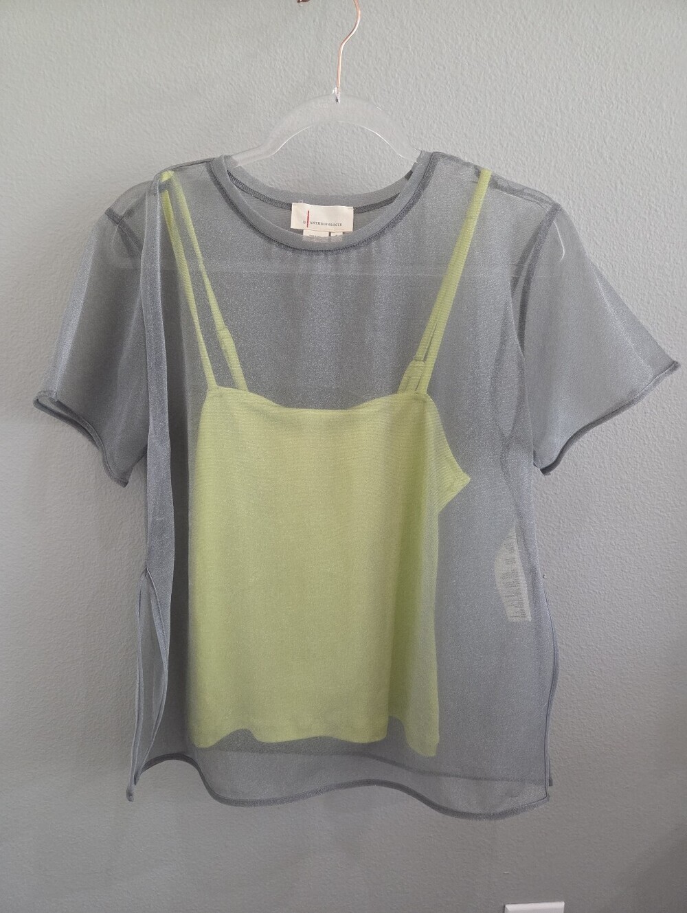 Anthropologie Lightweight Sheer Layered Top with Lime Camisole